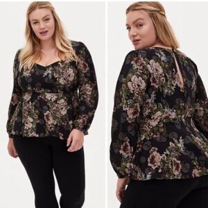 Torrid Skull Black Floral Long Sleeve Peplum Crepe Blouse Top size 1x